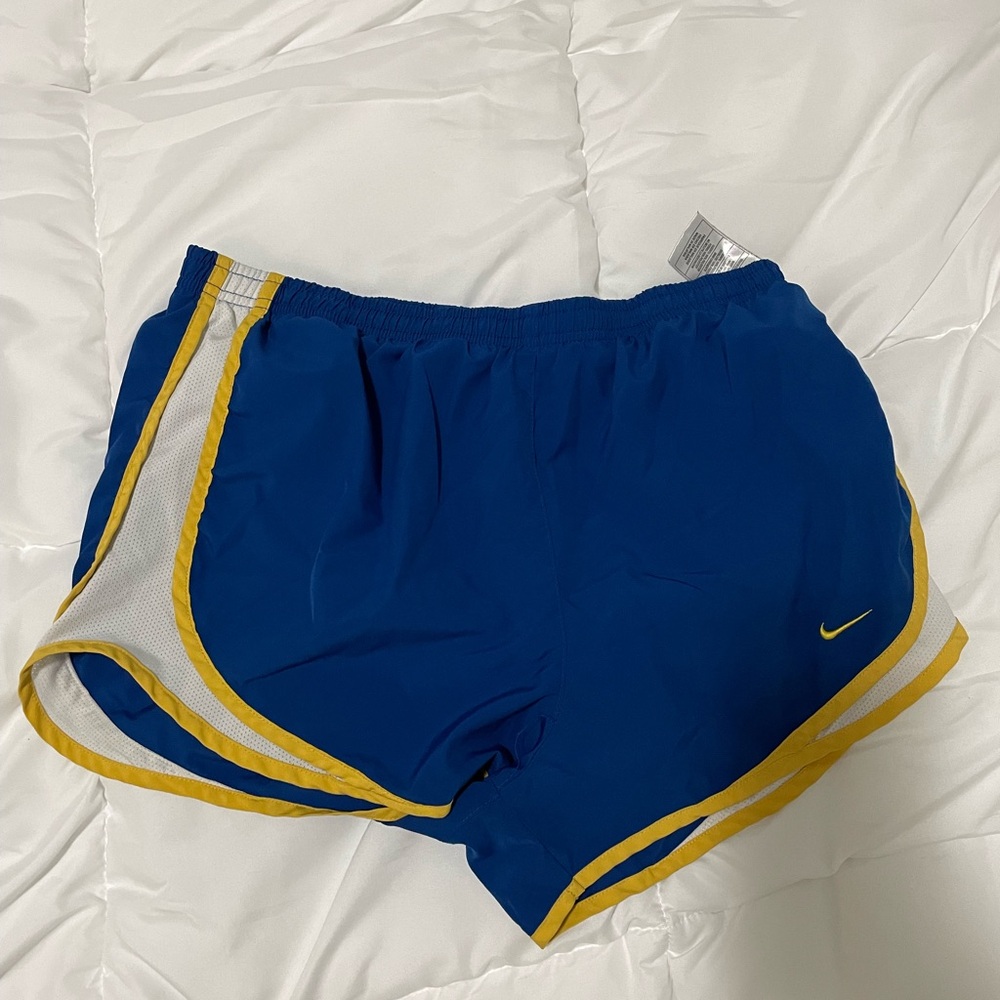 Nike Blue and Yellow Women's Dri-FIT Tempo Mid-Rise Brief-Lined Running Shorts